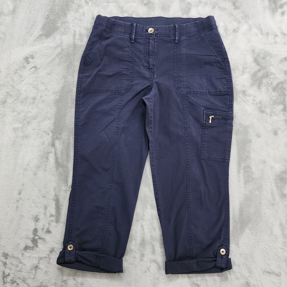 Chico's Pants‎ Womens 0 2/S Blue Flex Waist Cotton Canvas Cargo Roll Tab Capri